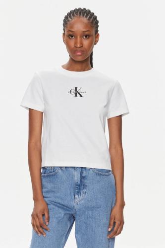 CK Jeans γυναικείο T-shirt cropped με κεντημένο logo μπροστά - J20J223113 Λευκό